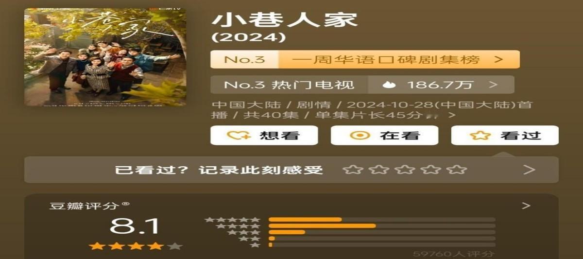 最近国产剧里，《小巷人家》那可是红透了半边天啊！前八集简直拍得太惊艳了，林工一家