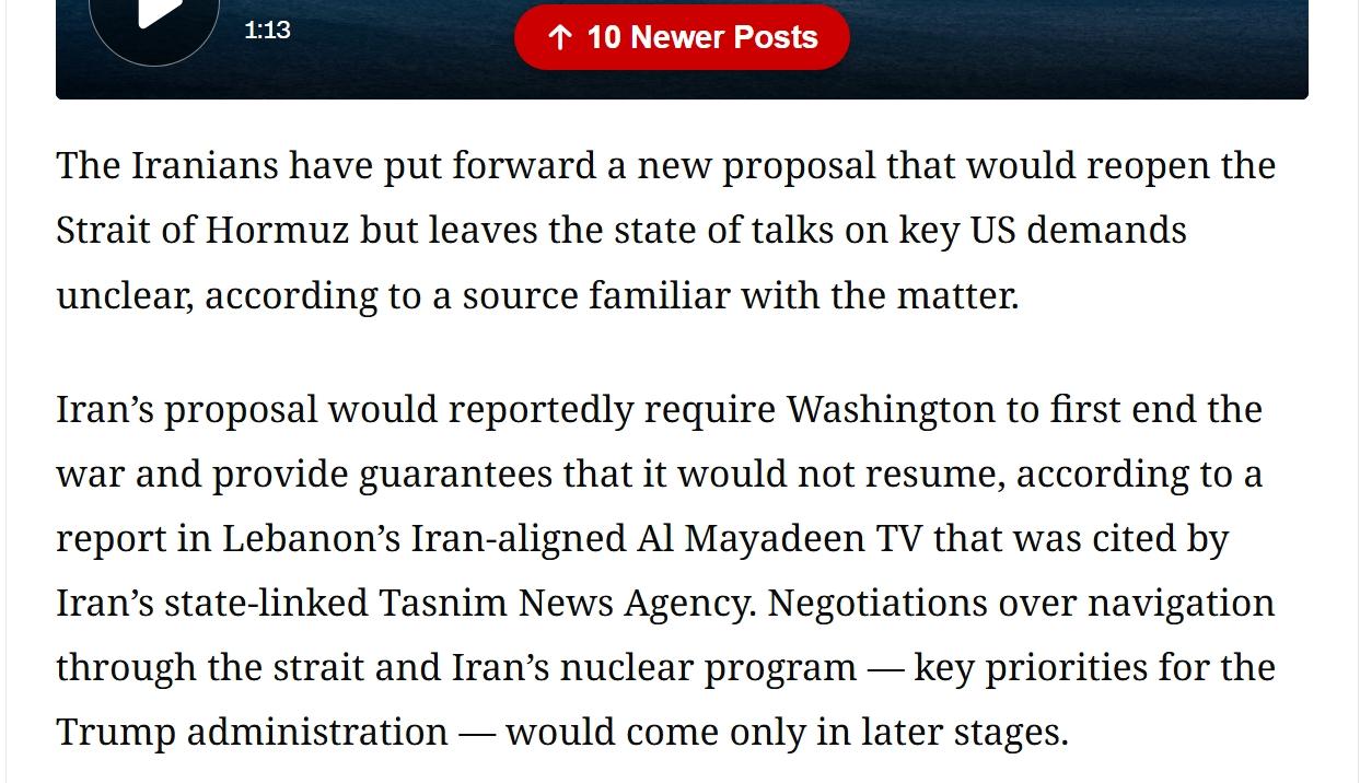 特朗普已经准备投降
据一位知情人士透露，伊朗提出了一项最新提案，将重新开放霍尔木