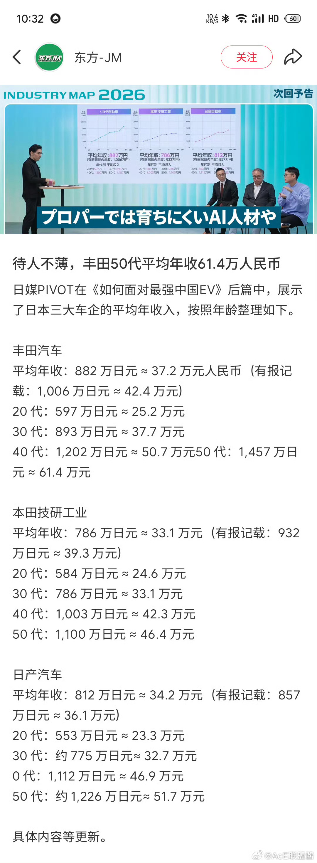 这组数据有点意思丰田，本田和日产，不同年龄段员工的平均收入20代，是指20~30