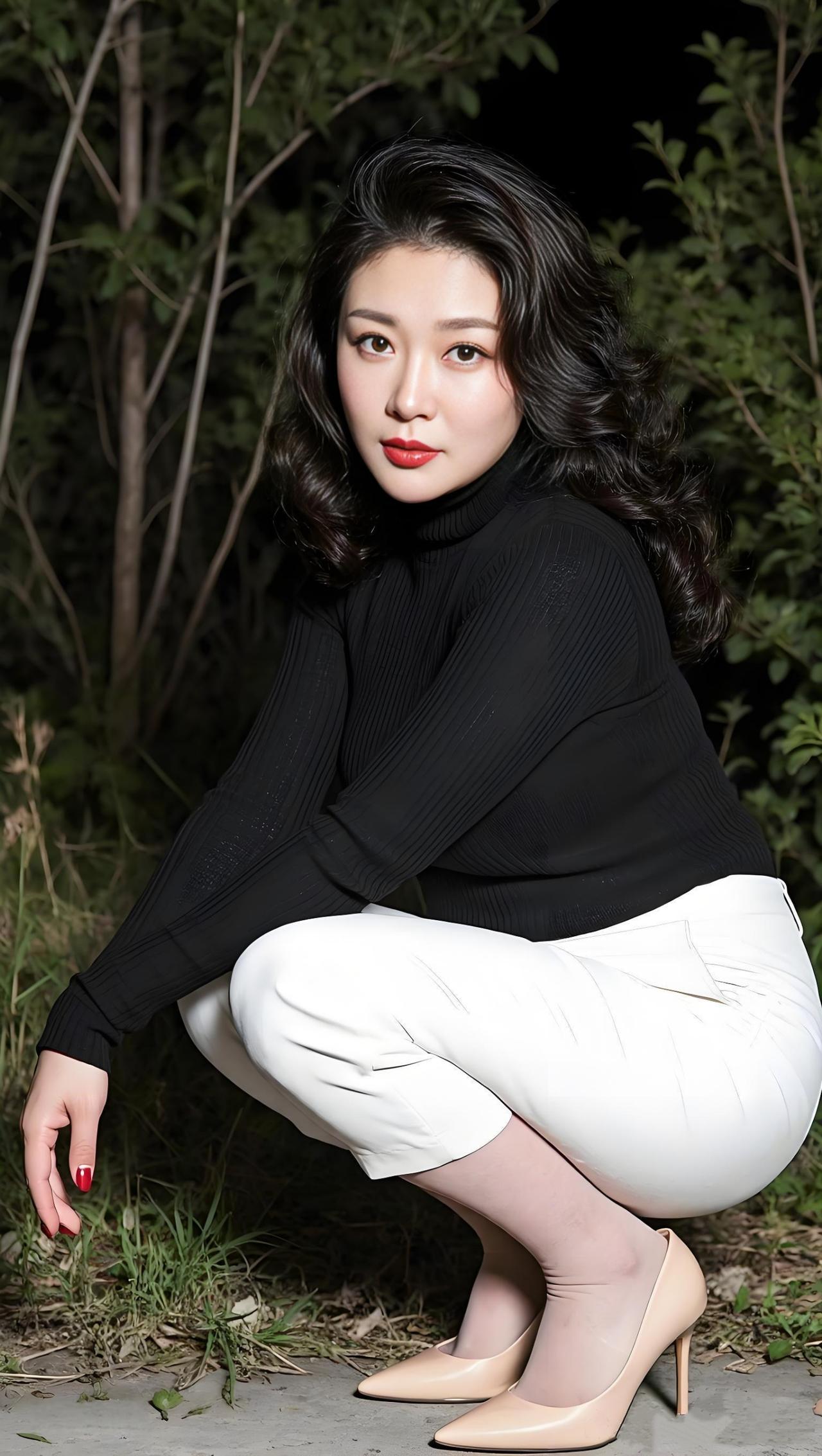 黑色高领上衣搭配白色西裤，经典又大方，整个人看起来特别稳重。腿上的肉色丝袜显得腿