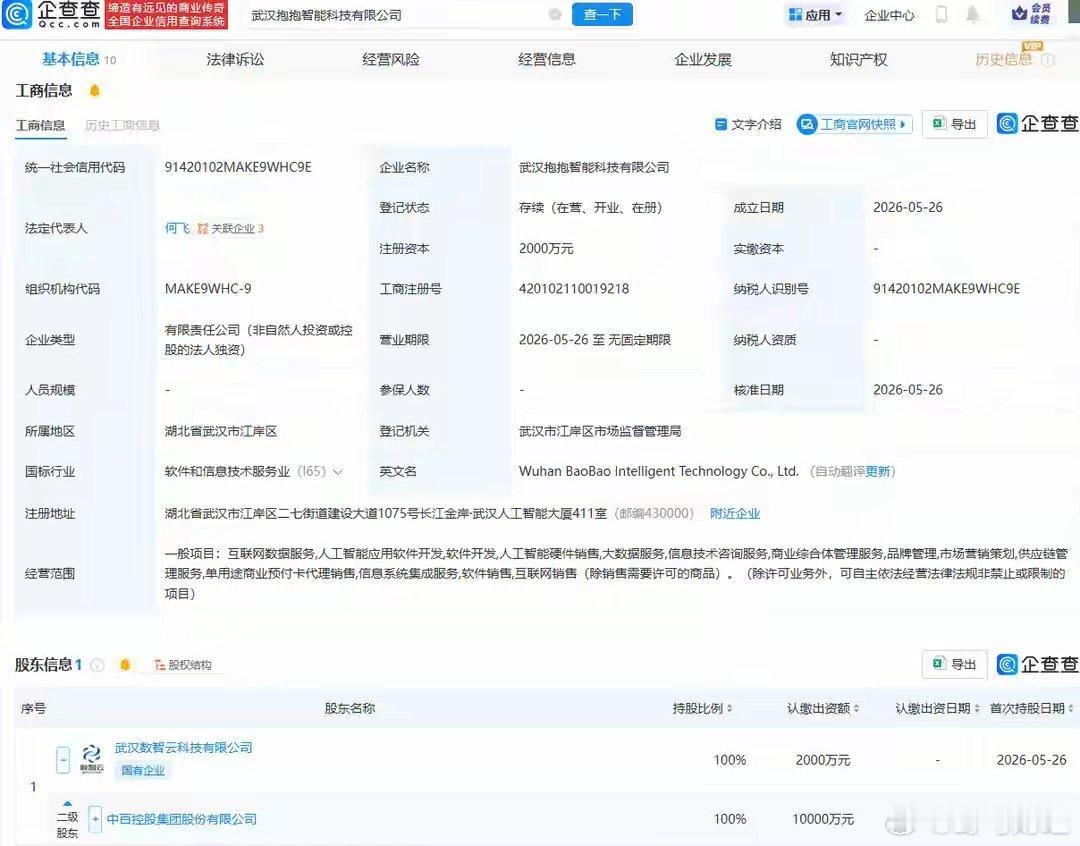 中百集团成立智能科技公司 近日，武汉抱抱智能科技有限公司成立，法定代表人为何飞，