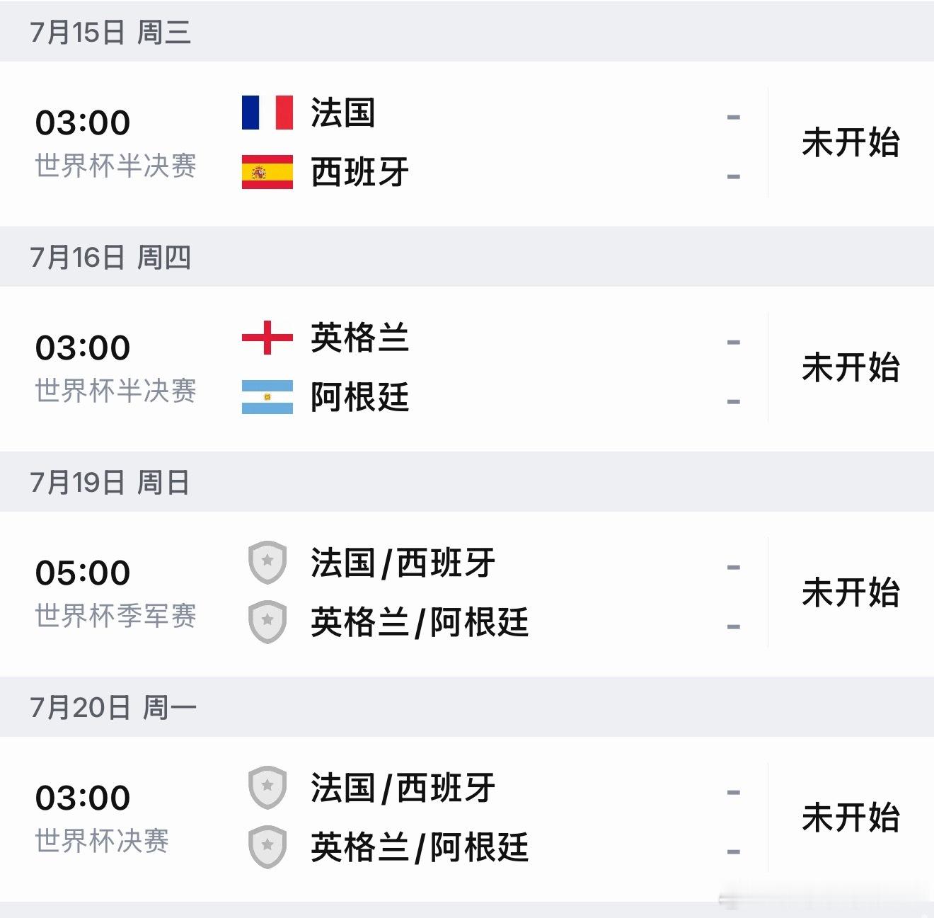 2026美加墨世界杯四强出炉，也只剩下四场比赛了阿根廷、英格兰、法国、西班牙这在