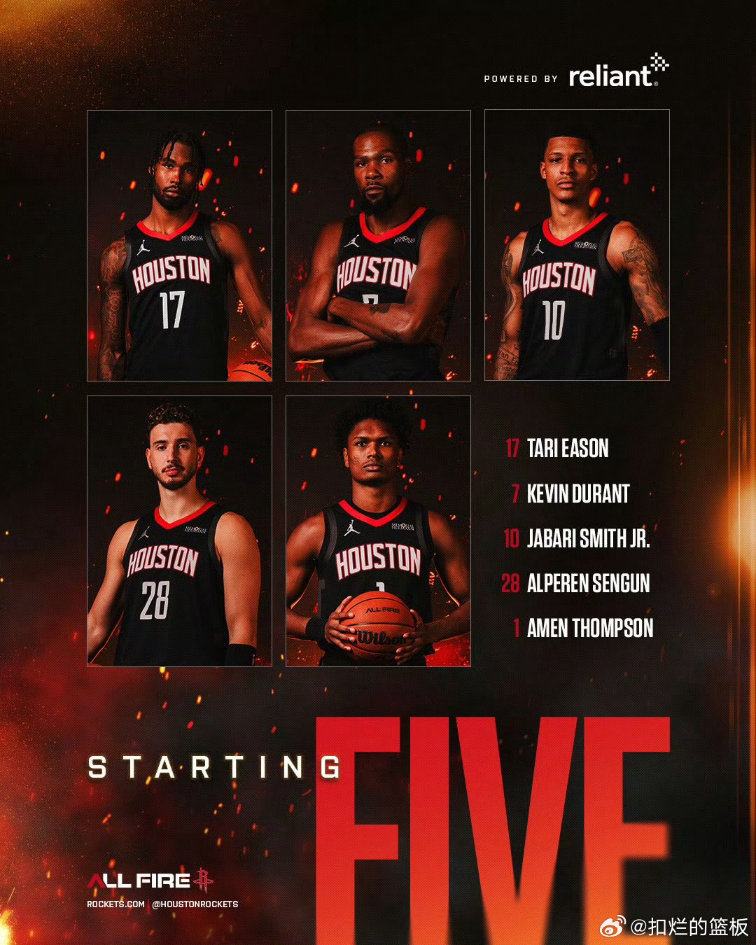 正在直播，今日焦点比赛！火箭vs掘金！火箭首发：阿门 杜兰特 小史密斯 伊森 申