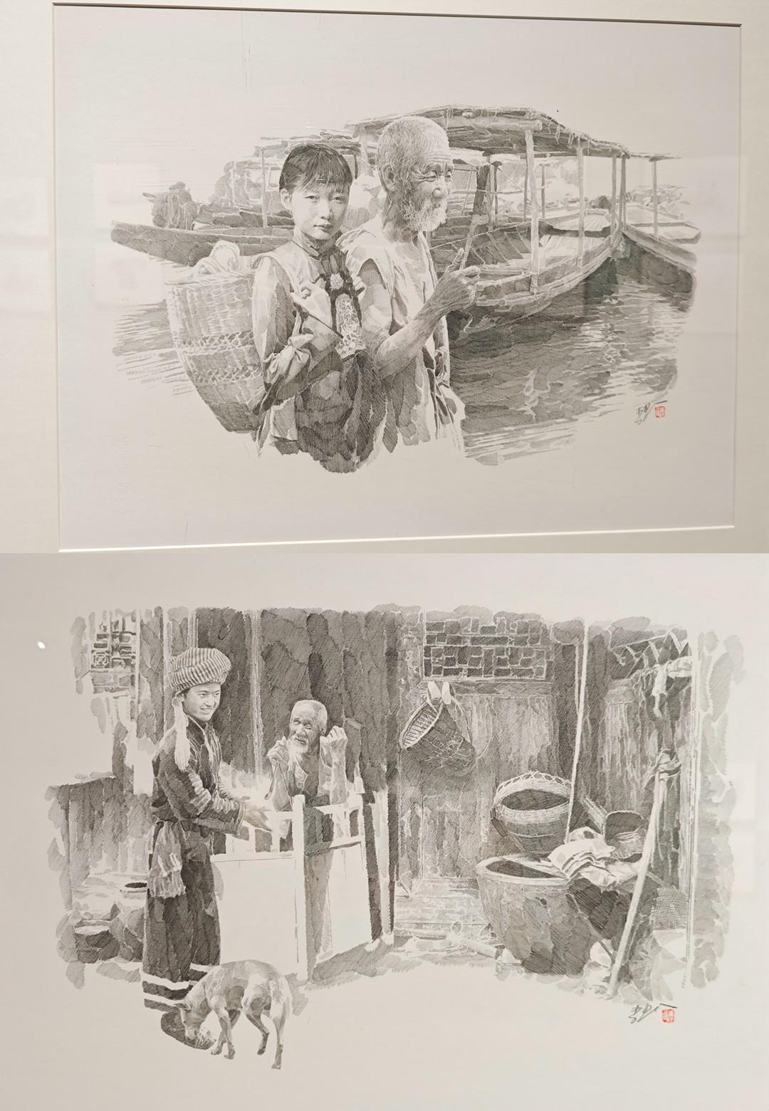 请继续欣赏宁波美术馆展出的李晨代表作连环画《边城》，该作用铅笔超写实手法，表现了
