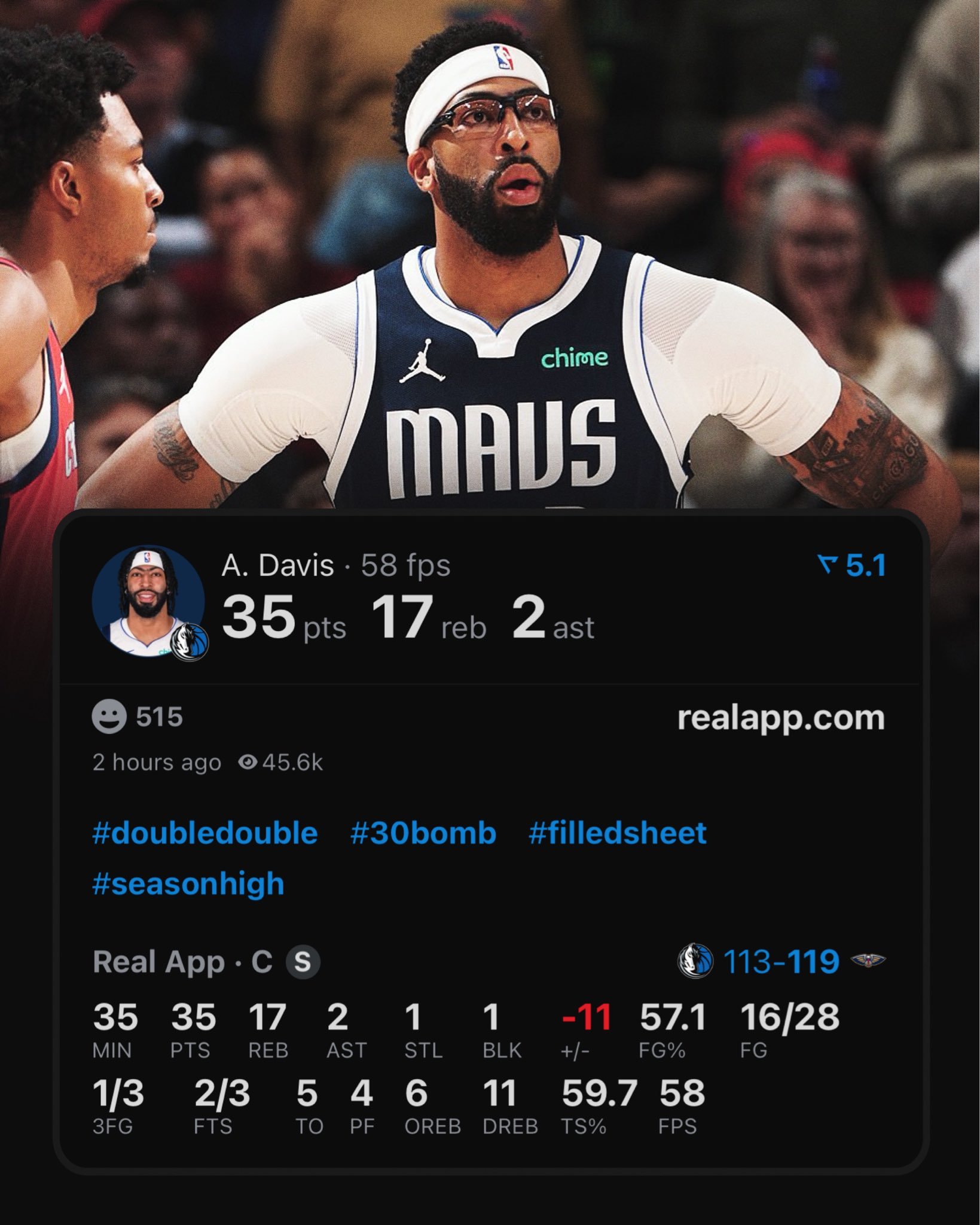 自 2000 年以来，浓眉是获得 35 分以上和 15 个篮板以上的比赛场次最多