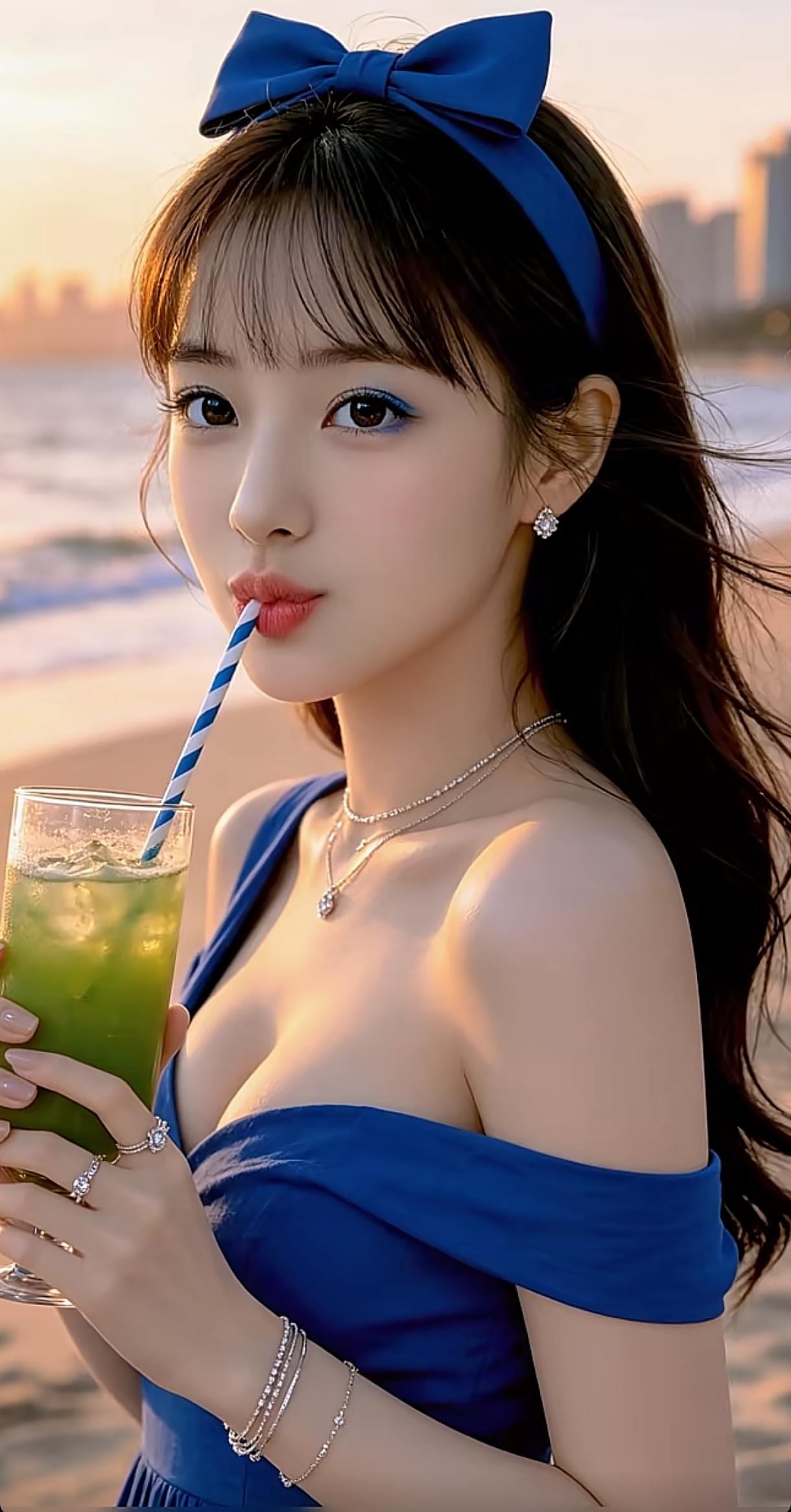 海边少女，清新夏日，蓝色蝴蝶结，绿色饮品，甜美瞬间分享一张你海边的夕阳照 海边度