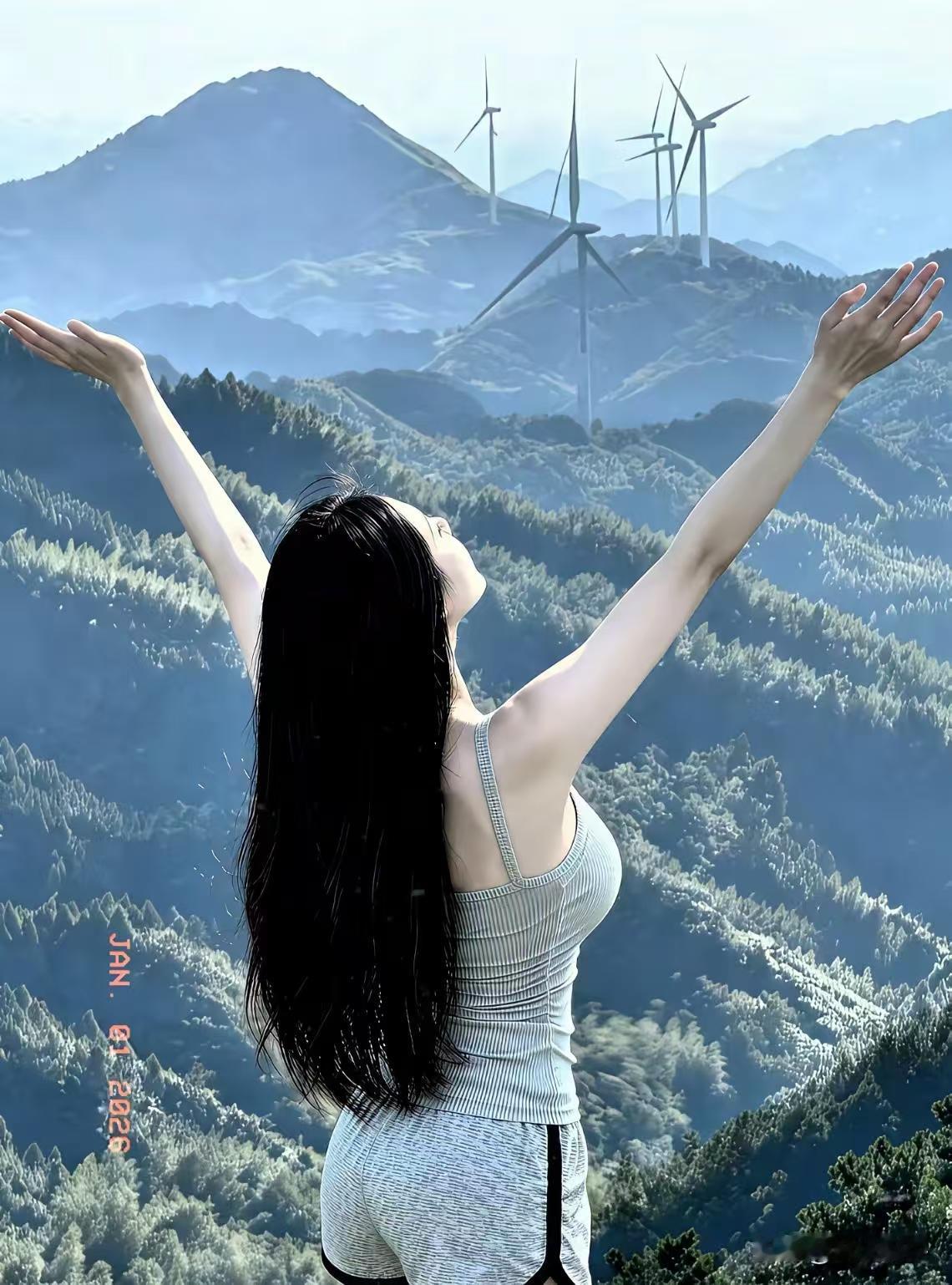 天净沙·美女登山
佳人偏爱峰巅，
仙风轻入心田。
常踏青山意绵。
神怡身健，
畅