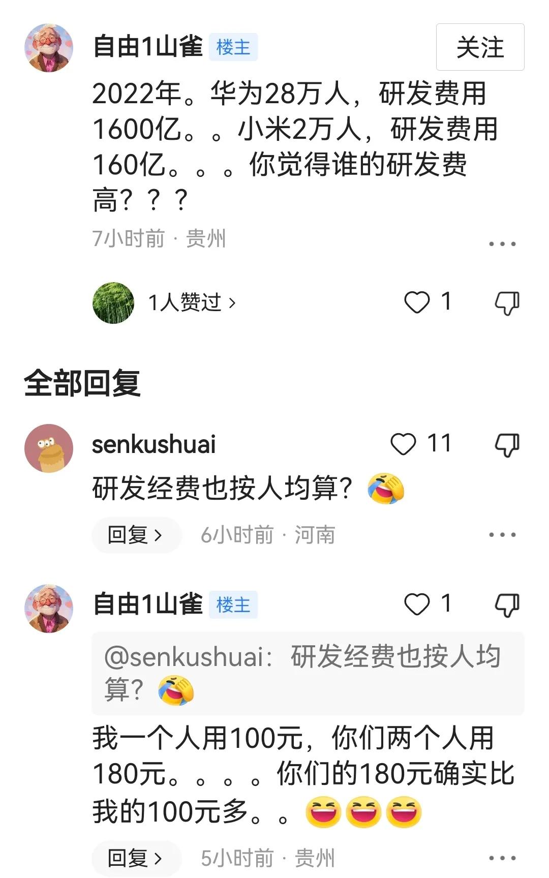 这米粉的脑回路也是没谁了，研发费用都要按人均算。一人100和两人180这番理论我