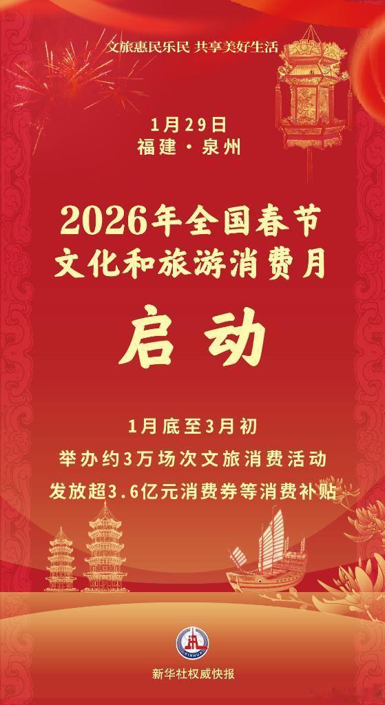 2026年全国春节文化和旅游消费月启动 1月29日，文化和旅游部在福建省泉州市正