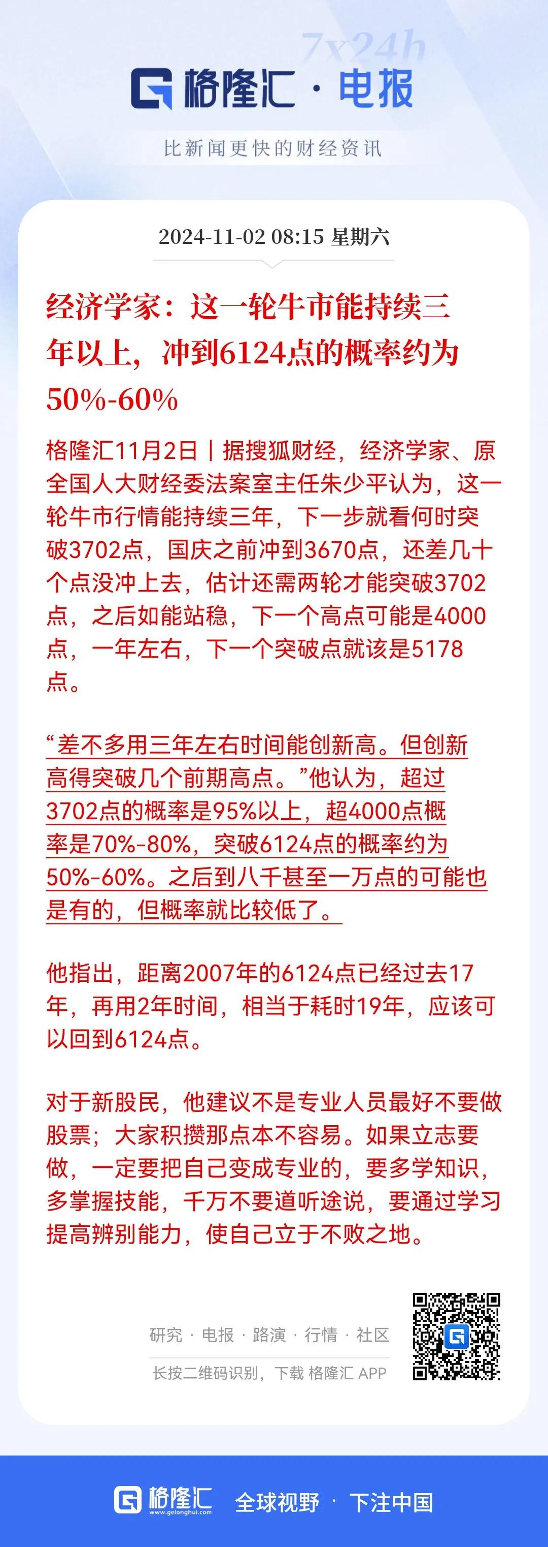 希望这个靠谱，而不是开盘即收盘的笑话！
经济学家朱少平认为，这一轮牛市可持续三年