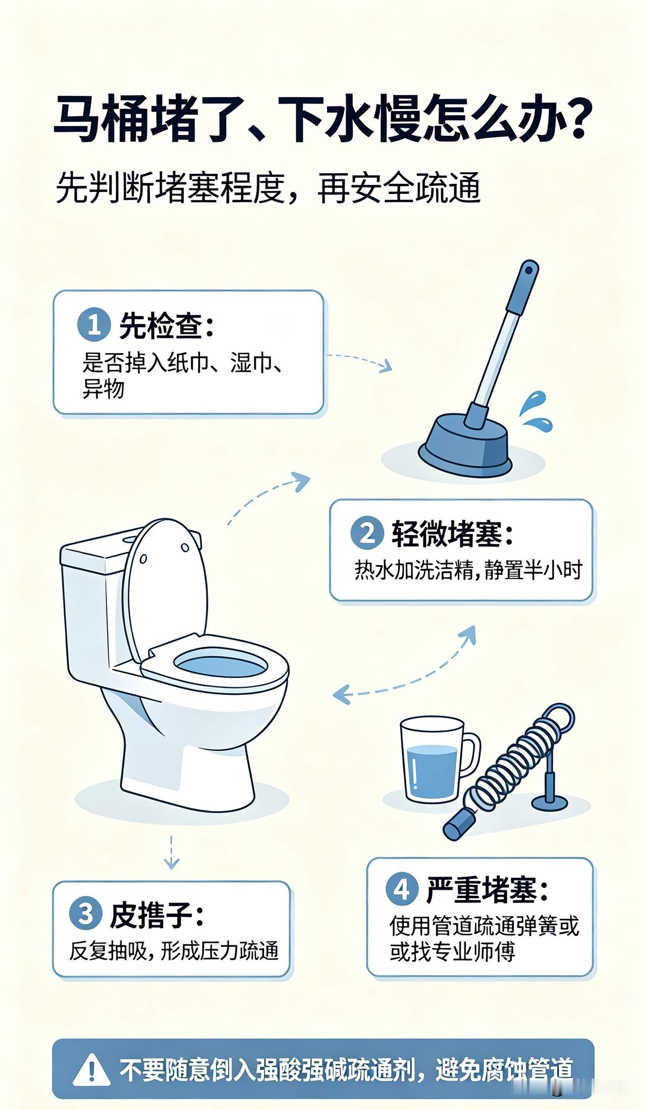 马桶堵了下水慢怎么办?
先检查有无硬物堵塞。轻微堵塞，倒入热水搭配洗洁精静置半小
