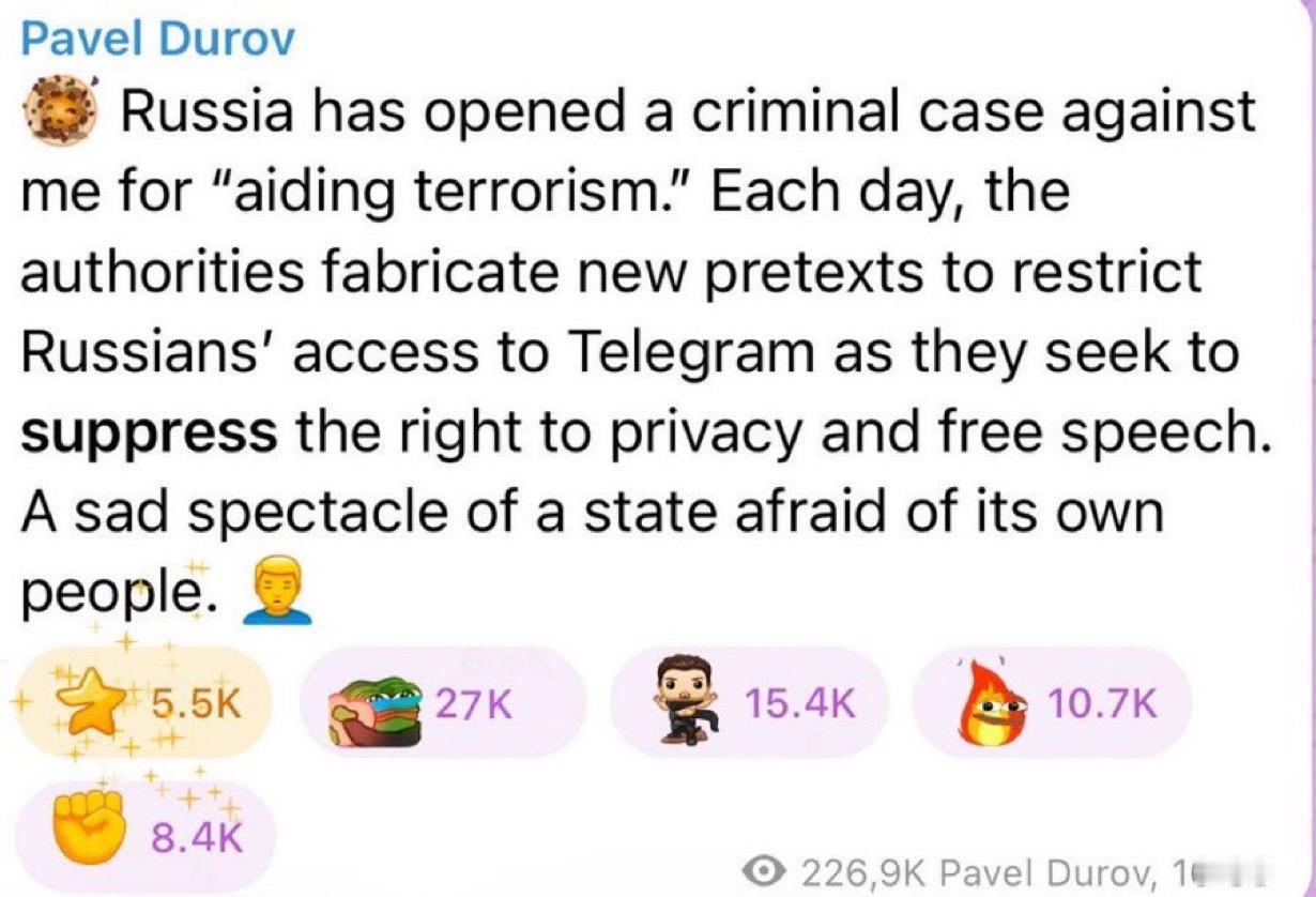 电报Telegram创始人杜罗夫Pavel Durov就俄罗斯决定限制在俄罗斯访