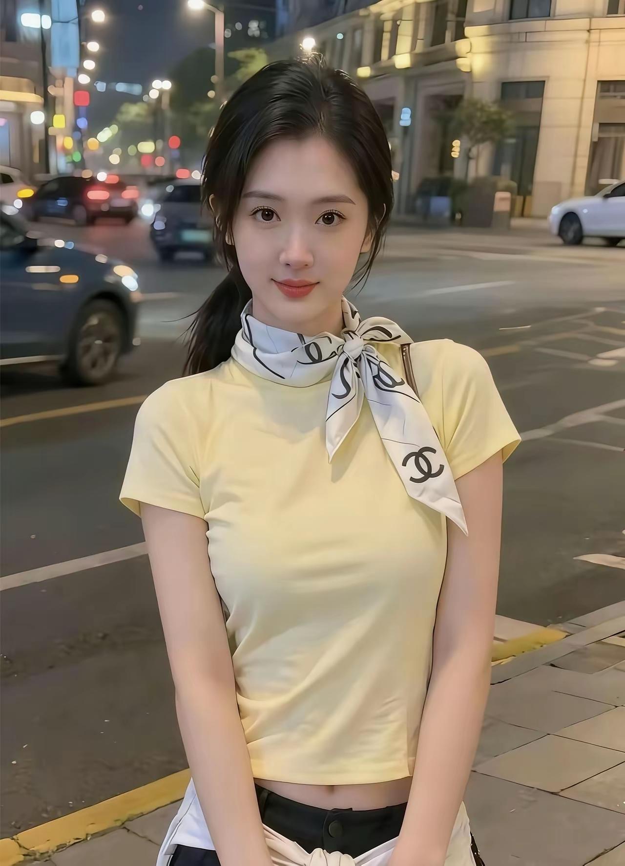 阳城夜晚街头，这个穿黄色上衣搭配时尚围巾的甜美少女，简直是道亮丽风景线。少女这搭