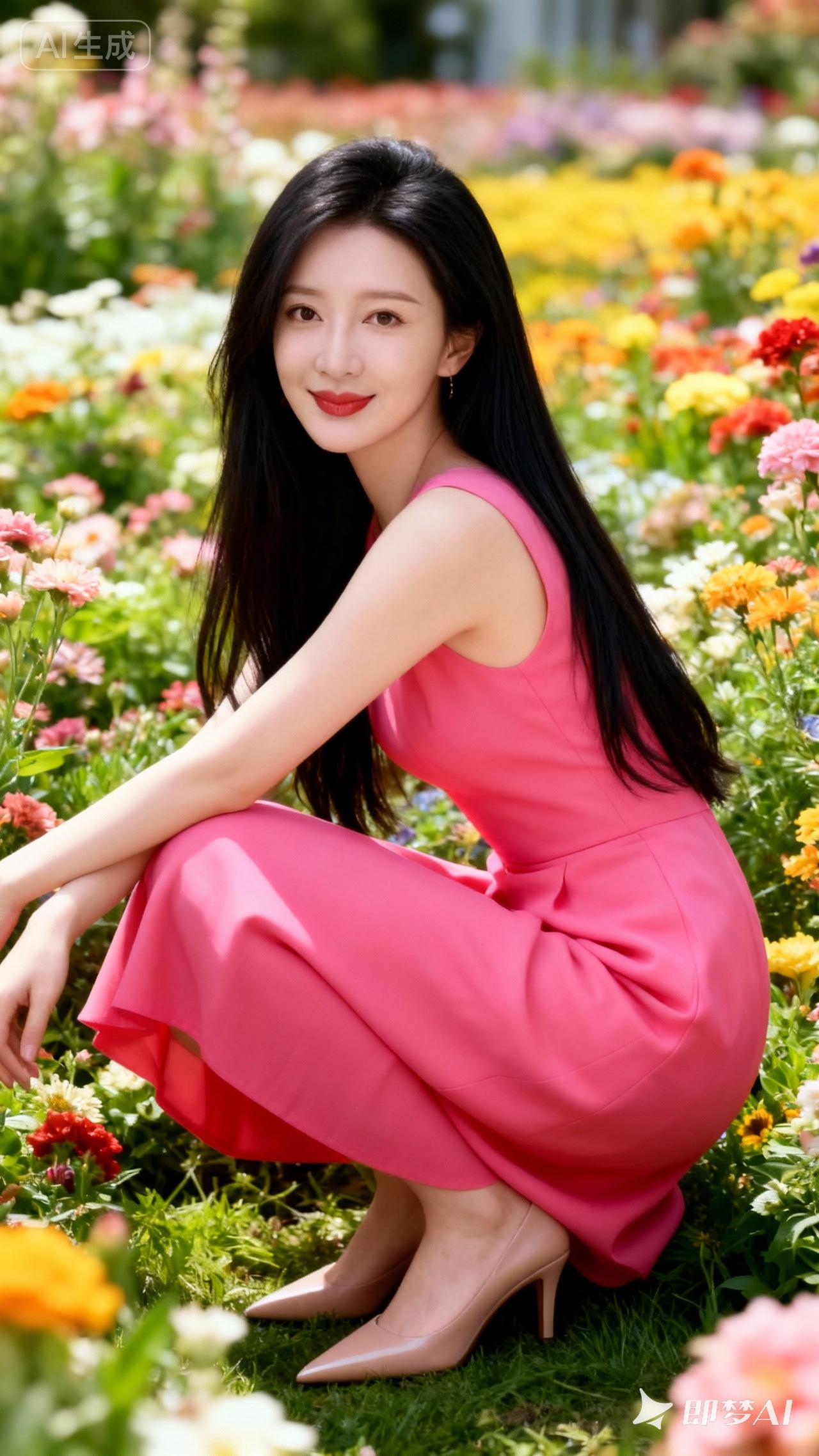 粉裙少女在花海中微笑，美得像一幅画！🌸💕