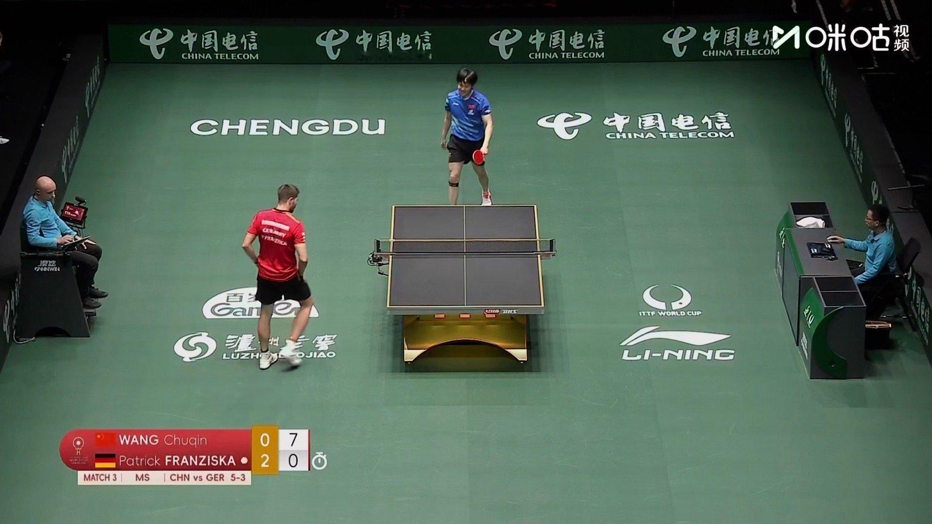 王楚钦连得7分 成都混团世界杯，王楚钦vs弗朗西斯卡。第三局，王楚钦连得7分体育