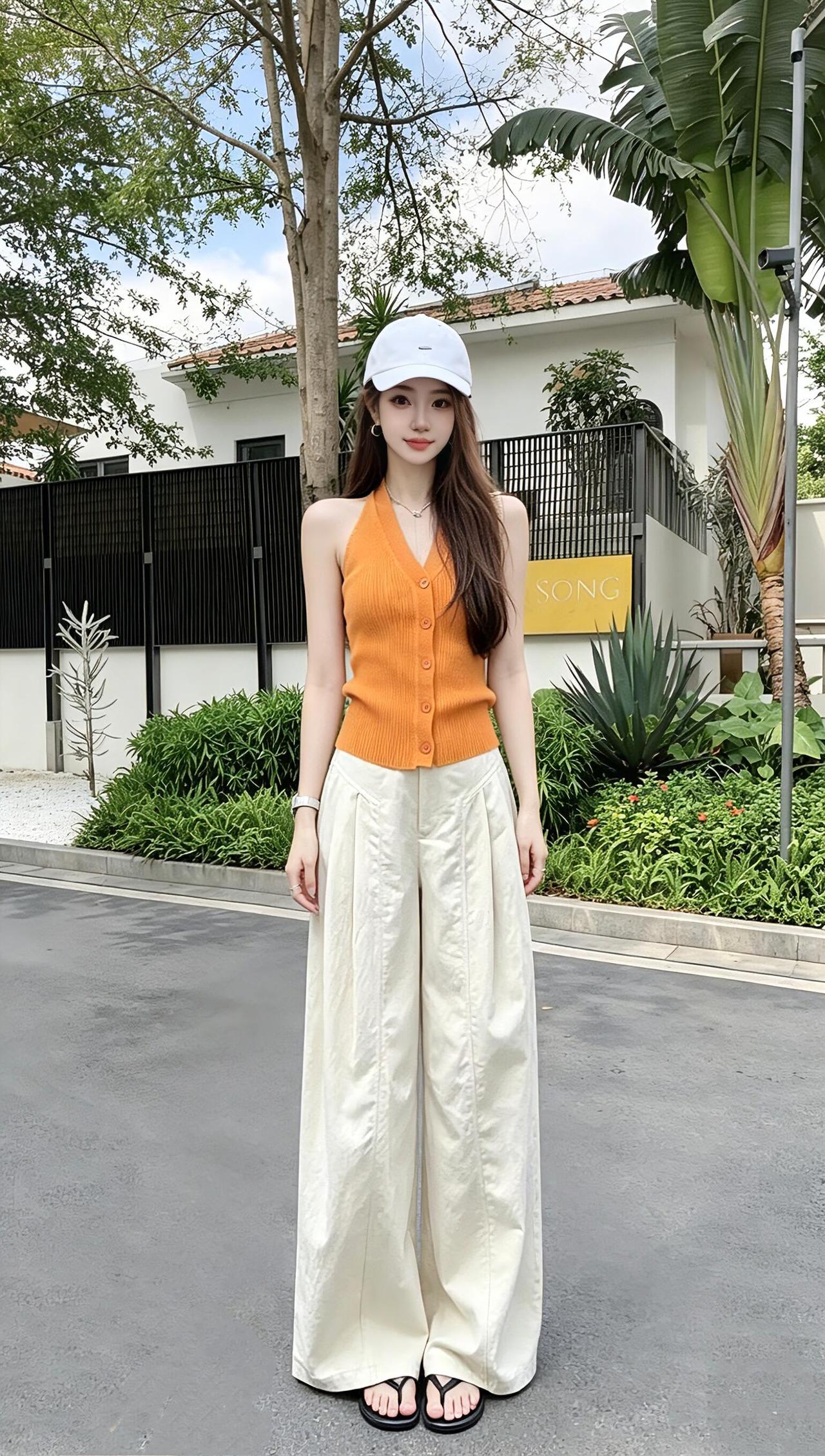 夏日穿搭指南白色帽子+橙色背心+米色阔腿裤清新又时尚少女感穿搭