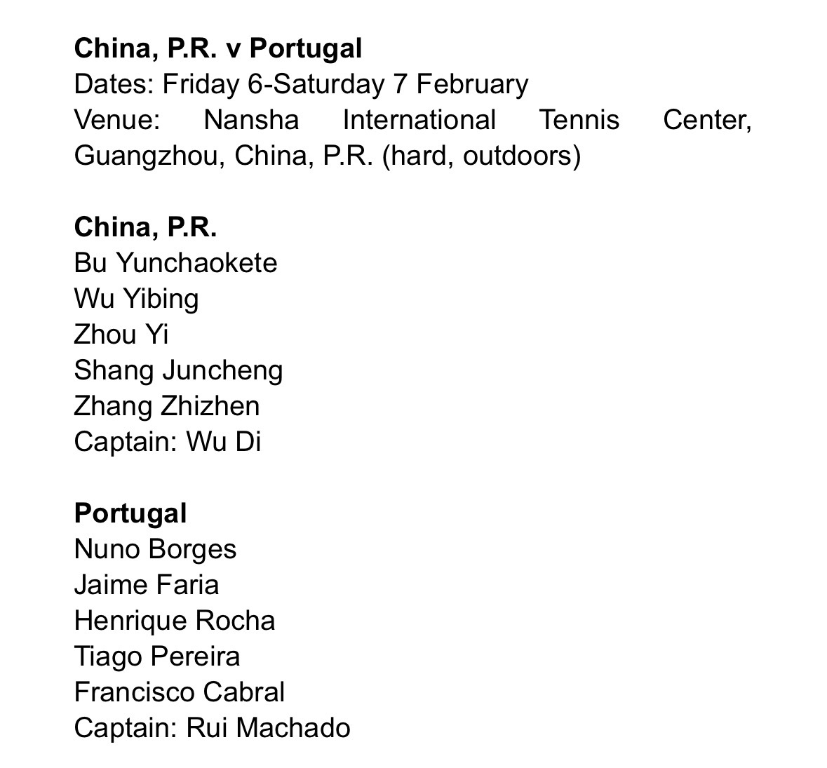 2.6-7 南沙戴维斯杯中国vs葡萄牙两队名单出炉。布云朝克特、吴易昺、周意、商