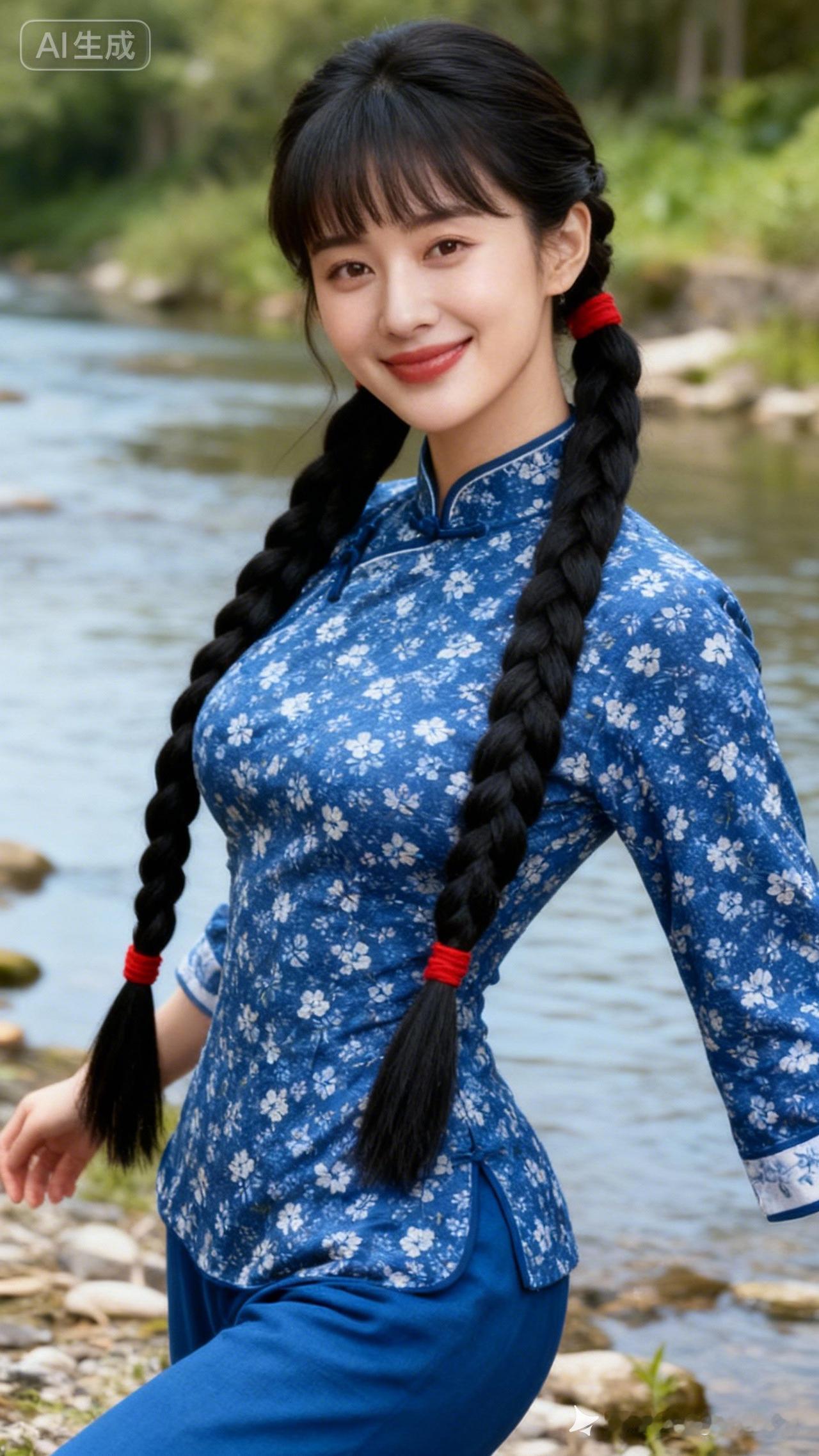清新古风少女，蓝花旗袍，自然河畔，甜美笑容！