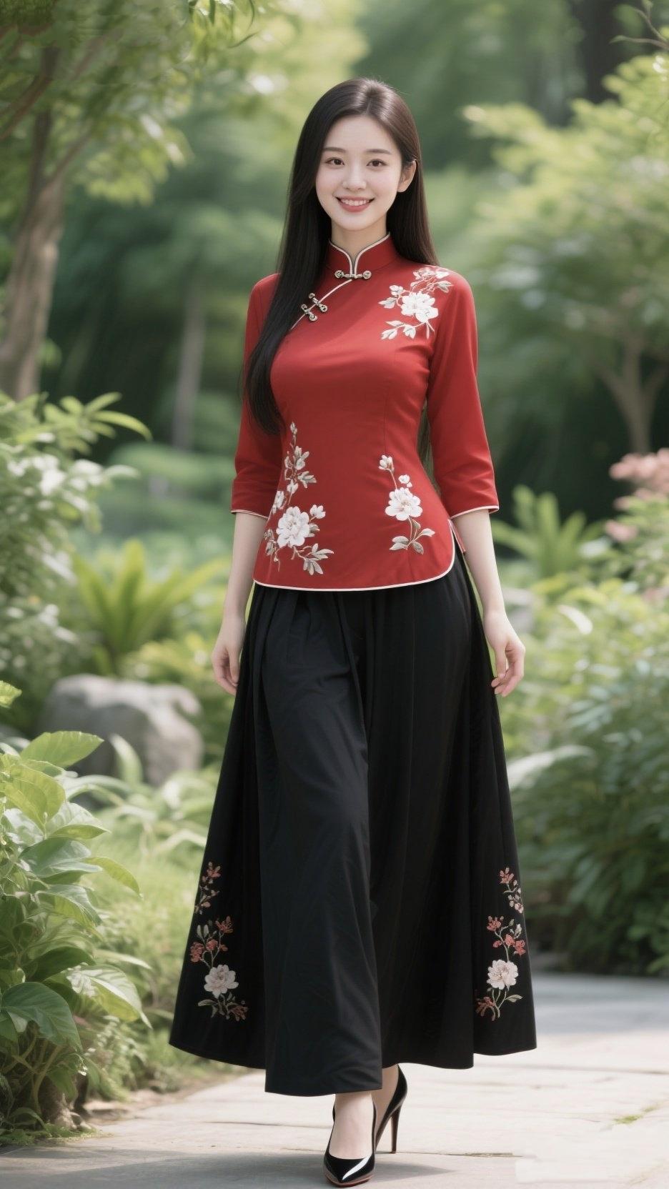 《红衫青影》
 
朱红立领，盘扣轻锁
白梅绣在衣襟，如心事初绽
七分袖挽起，藏着