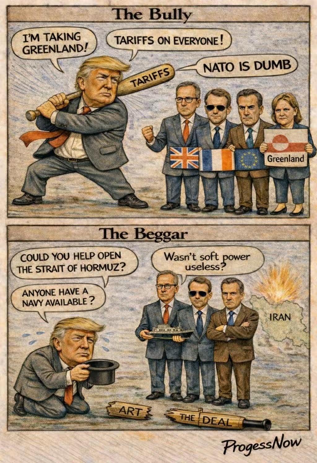 这幅漫画生动展现了美国特朗普政府当下的状况！

所谓的“美国优先”，实则将盟友当