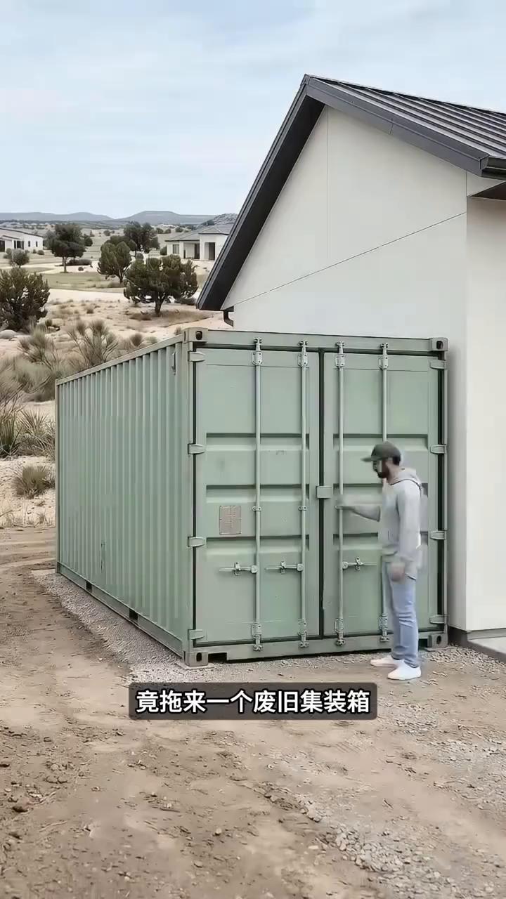 集装箱造美屋。
谁能想到男子没钱建房竟拖来一个废旧集装箱摆在老房子旁边，硬是改成