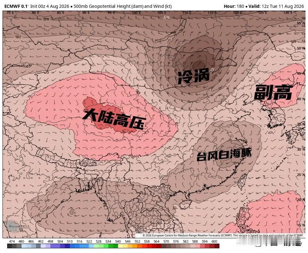 EC模式下午的最新预报，给出了在8月中旬，台风白海豚联手冷涡击溃副高的形势，江浙