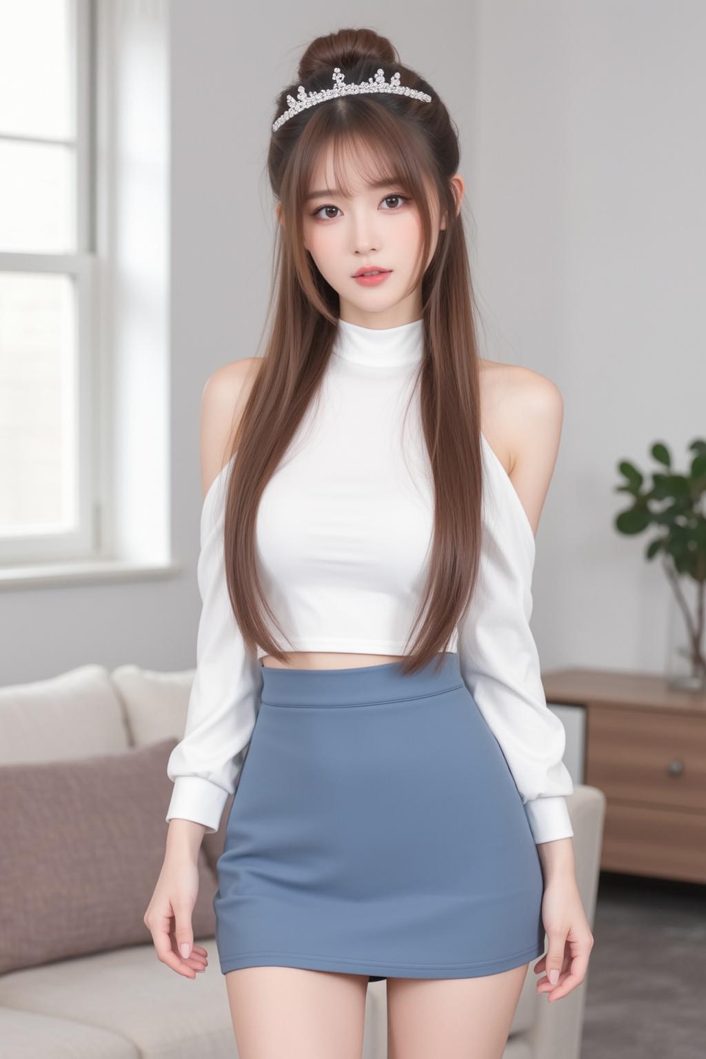 优雅公主风穿搭，白色露肩上衣搭配蓝色短裙，头戴闪亮发带，尽显甜美与高贵！