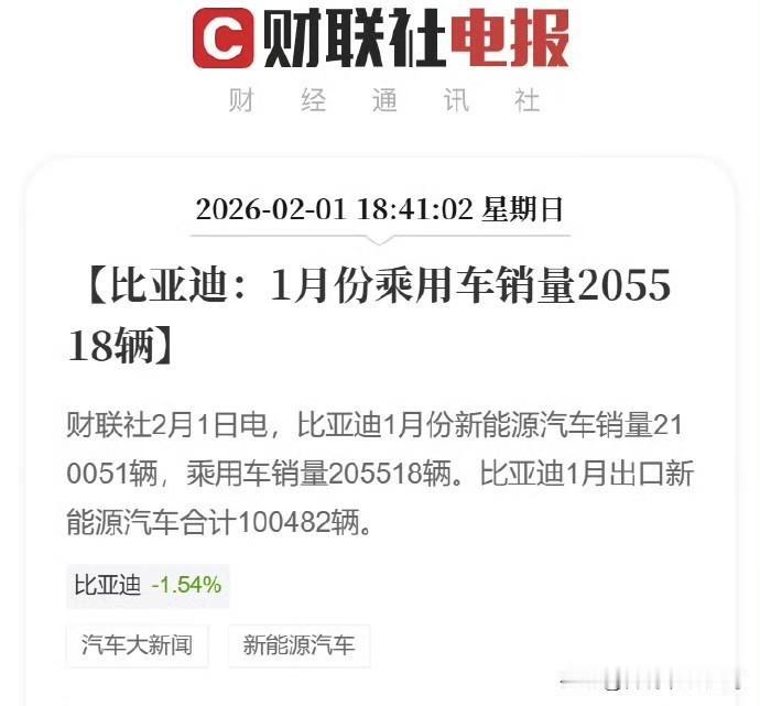 比亚迪和吉利这两大自主品牌的销量也有了。
1月比亚迪乘用车销量205518辆，出