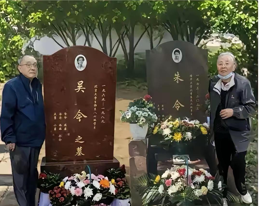 这一幕看哭无数人，在北京万安公墓，年迈的朱令父母默默站在两座墓碑前祭扫。左边是姐