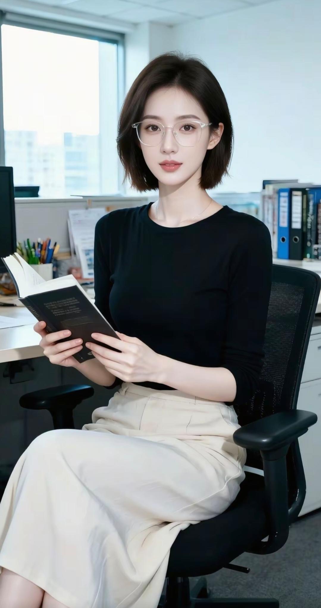 写字楼的冷光落在她的黑衫上，衬得米裙像午后漏进格子间的光斑。半框眼镜架着柔和的眼