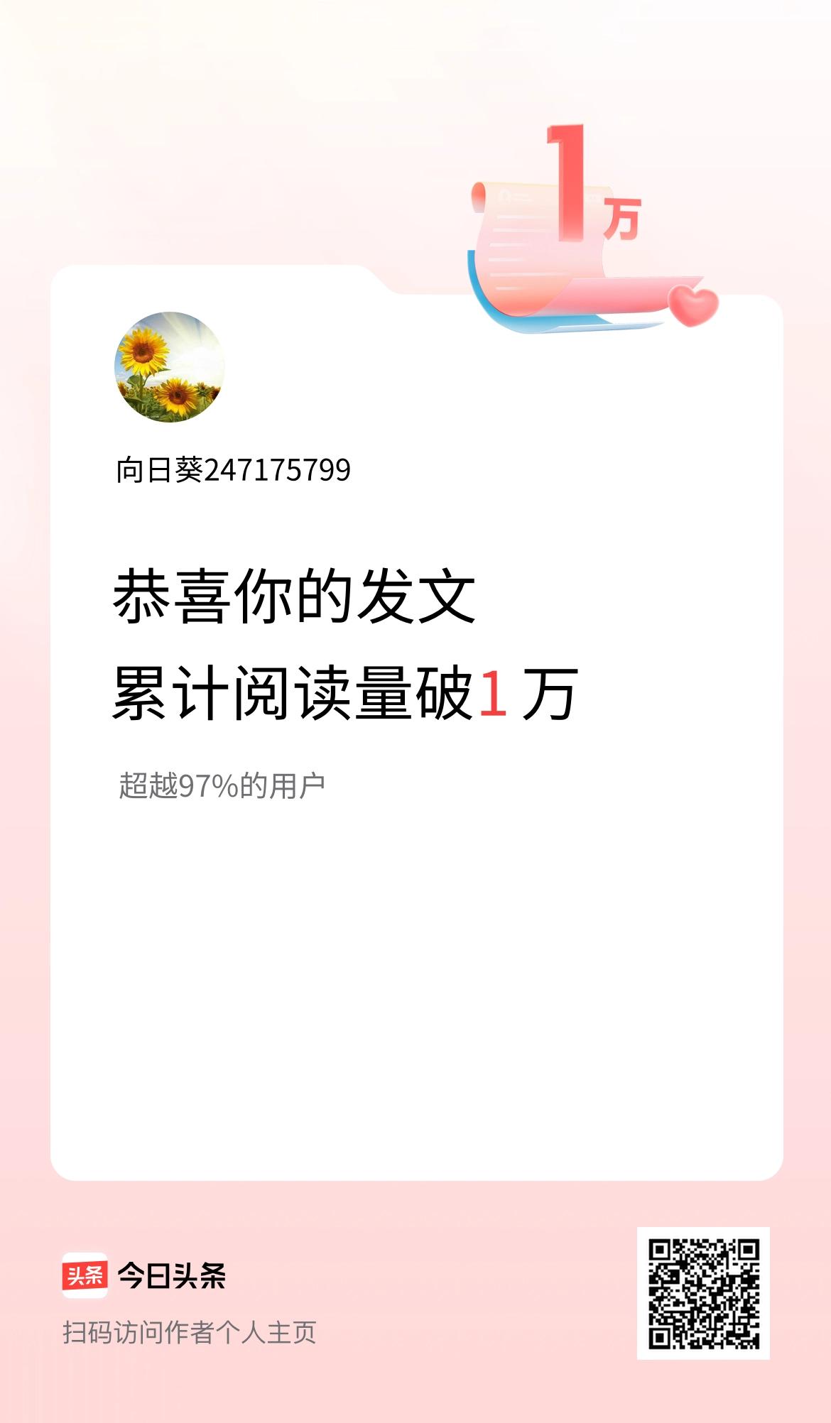 🤝我在头条累计获得阅读量破1万啦！