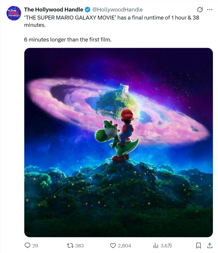 TNABO 《超级马里奥2》时长98分钟，比第一部多六分钟 