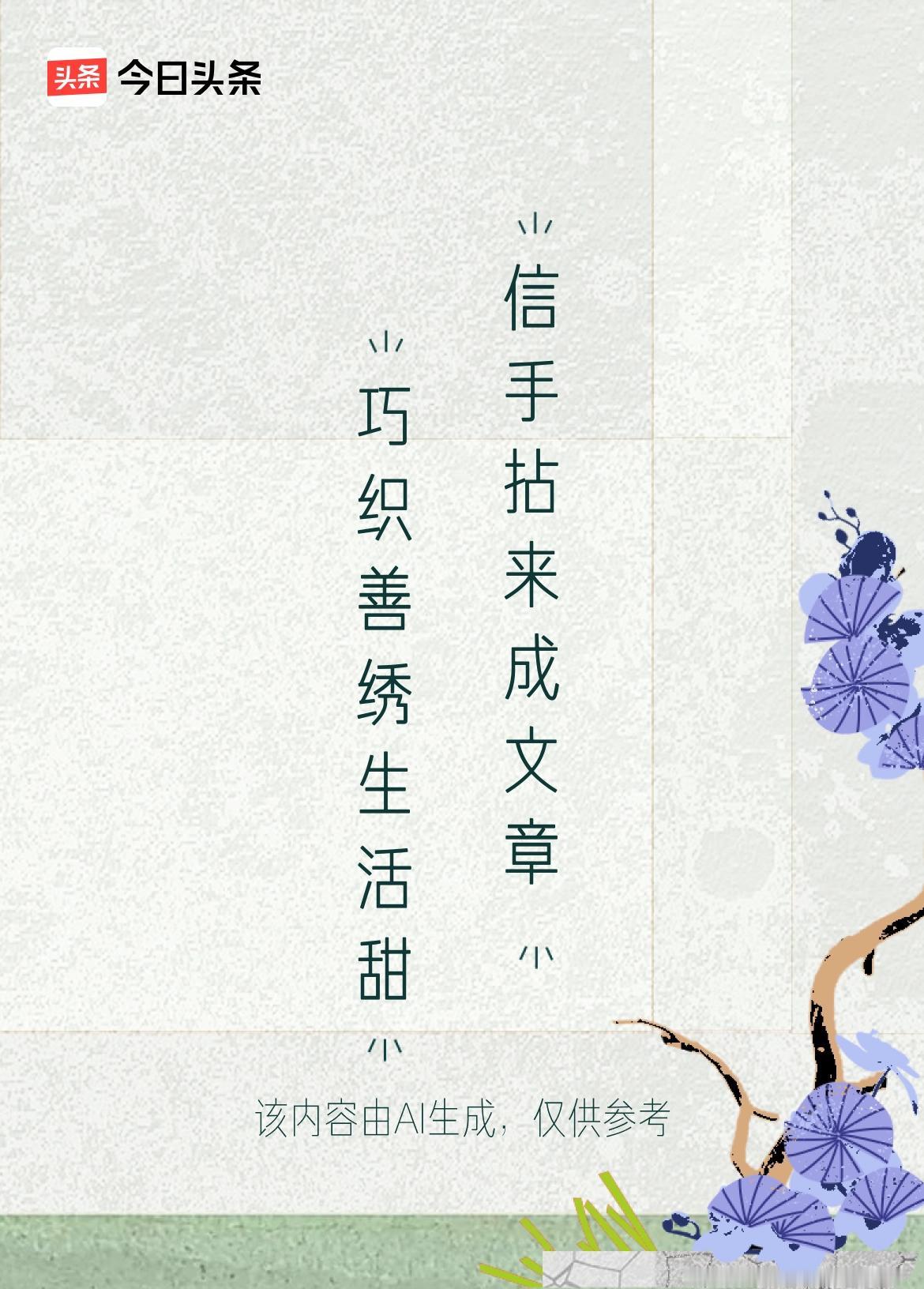 巧织善绣生活甜
信手拈来成文章
瑶池何必寻仙境
马耳峰前泳碧江