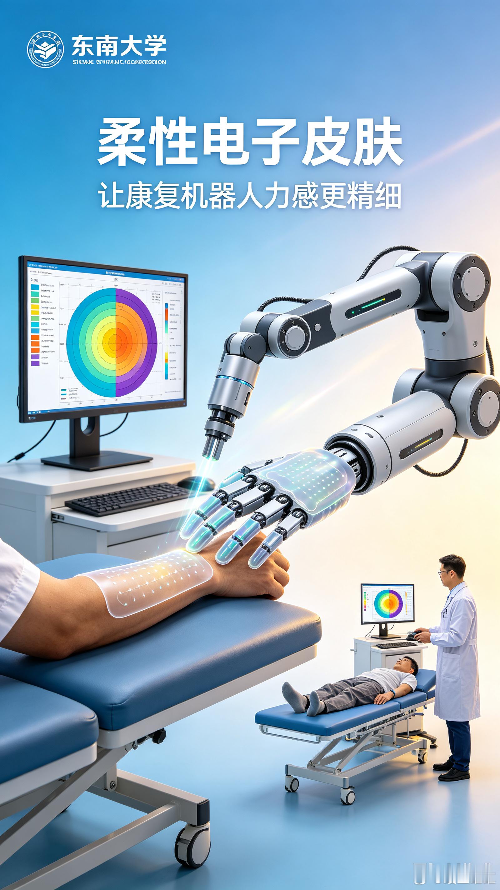 东南大学科研团队今日公布新一代柔性传感电子皮肤，面向康复医疗机器人开展适配调试。
