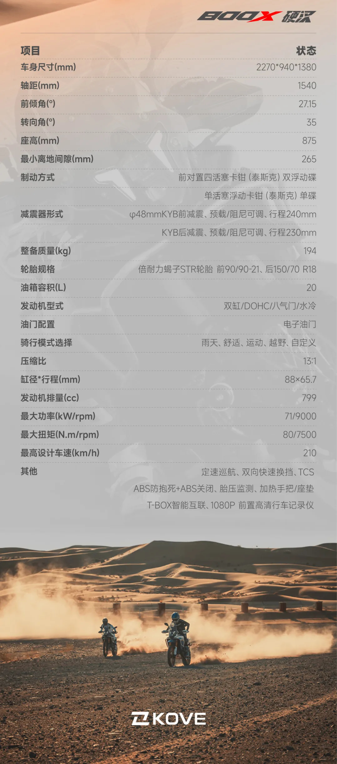 【凯越 800X 硬汉摩托车上市：799cc 双缸水冷发动机、整备质量 194k