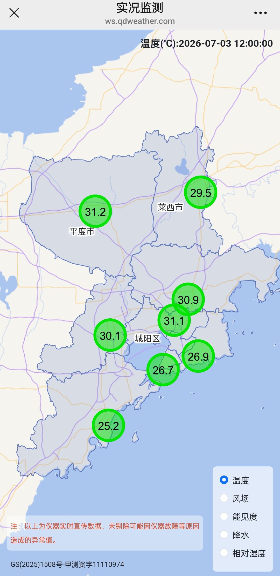 大家看看青岛气象台今天中午12：00发布的各市区实况监测，和青岛市区相隔百里地的