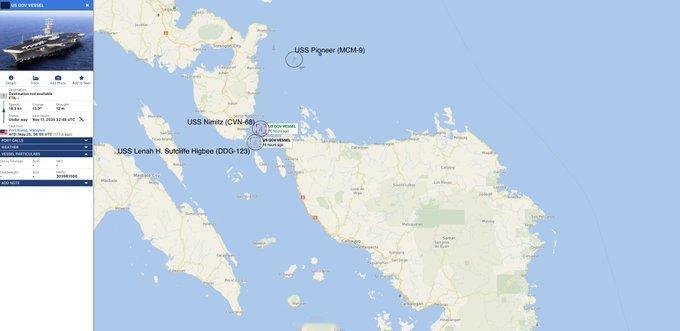 美国海军尼米兹号航空母舰离开西菲律宾海，进入菲律宾海 
在通过圣贝纳迪诺海峡（北