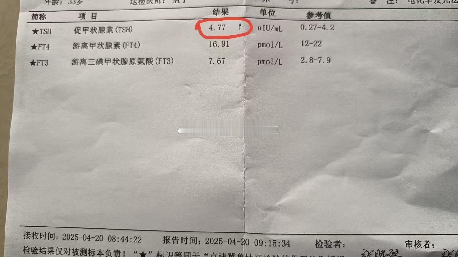 甲减艾灸调理半个月，检查数值接近正常。 ​​​
