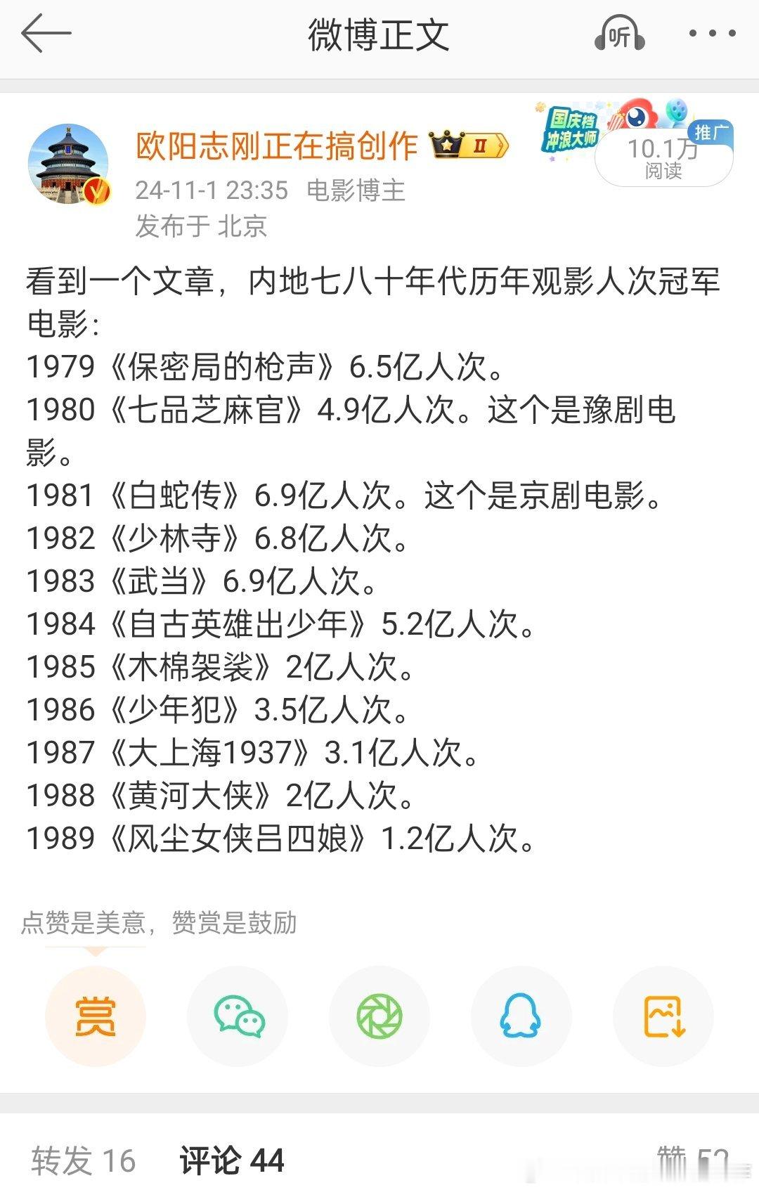 看下八十年代观影人次纪录，1977~1986这十年，是电影的一个爆发期。哪吒最终