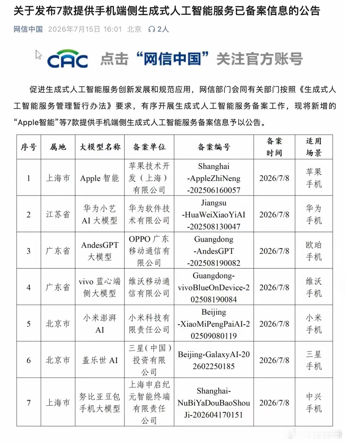 国行苹果AI要来了“Apple智能”大模型已于2026年7月8日完成备案，适用场