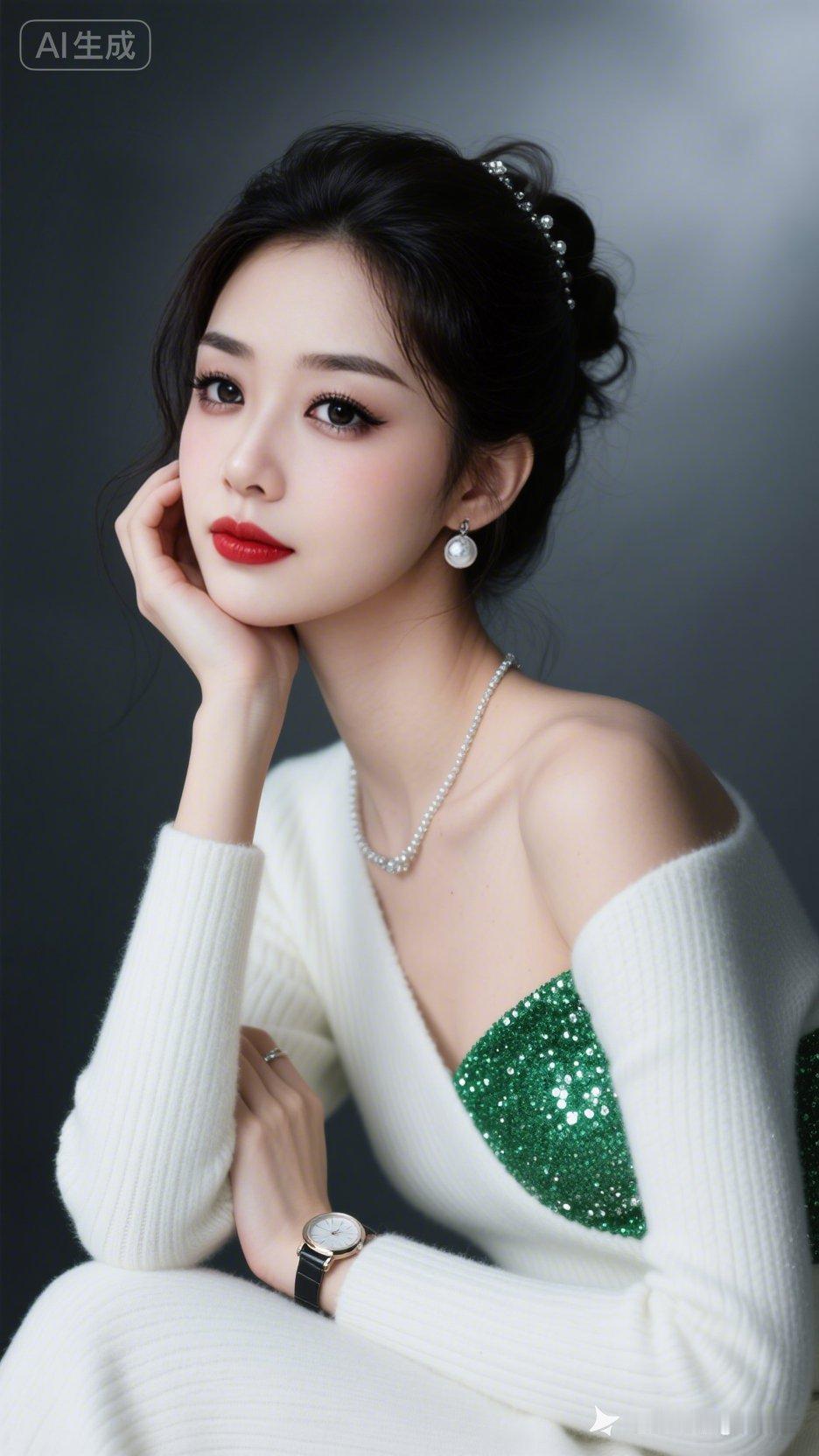绝色佳人梳精致盘发，细碎发丝轻柔散落。瓷白肌肤配精致妆容，眼尾纤长上扬。身着绿闪