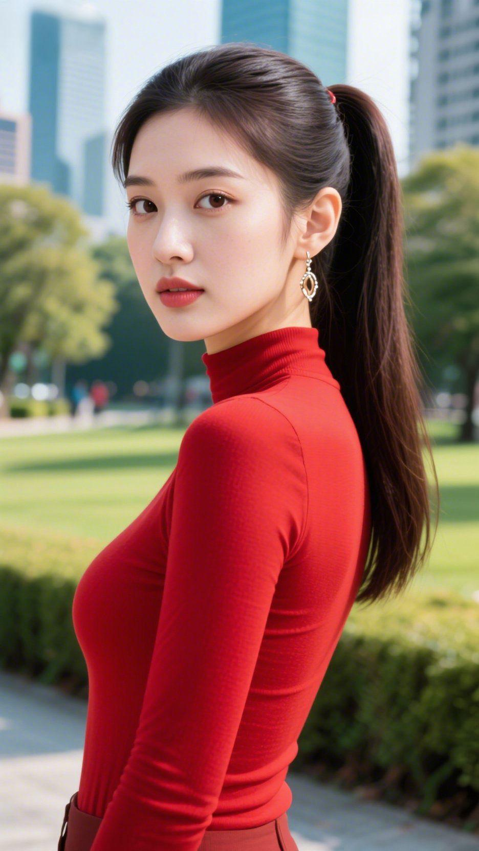 《红衫立晴光》
 
晴风裹着草木的清甜，她侧身站在日光里，那抹红像春阳落进了衣间