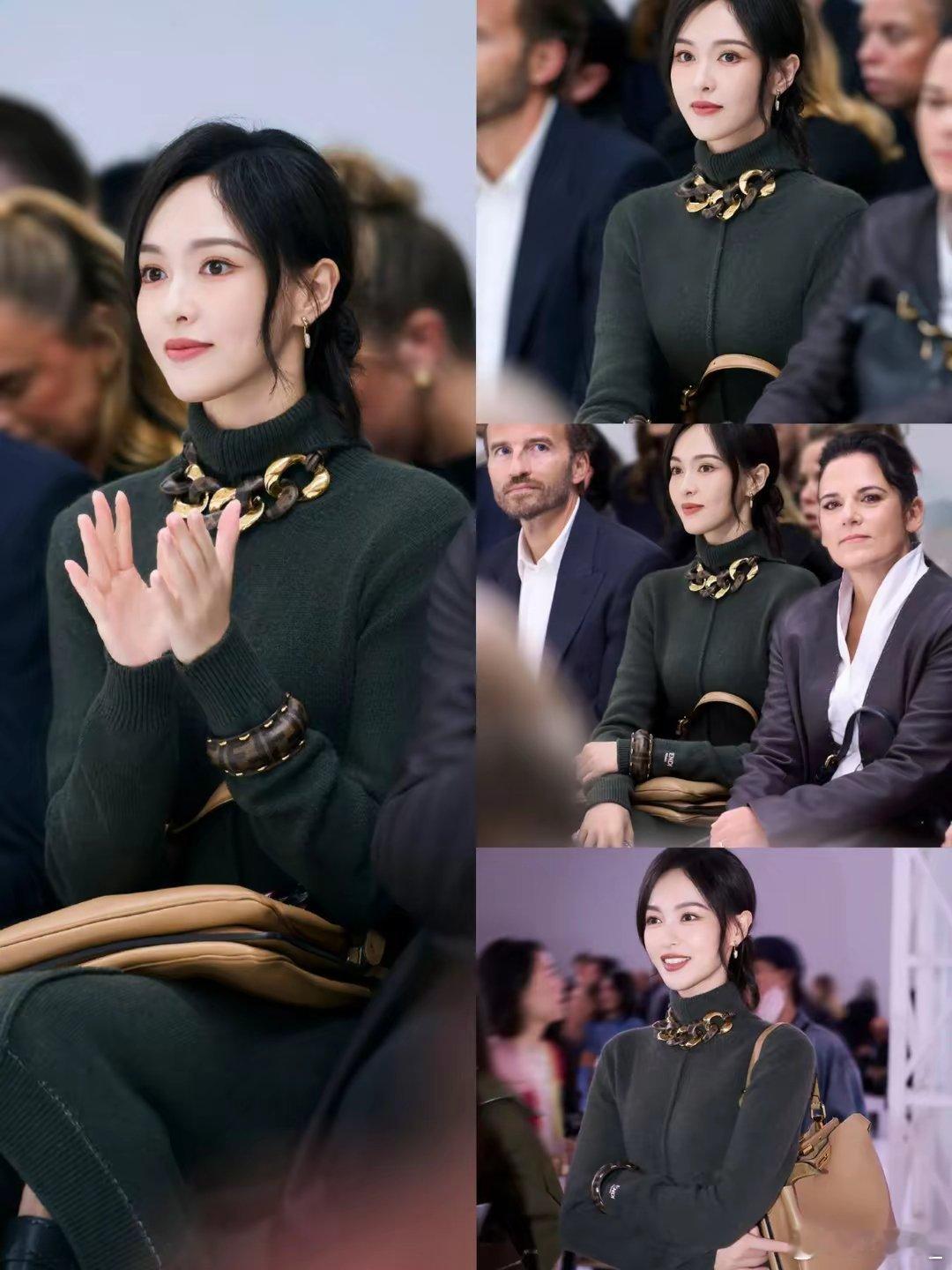 来自“浦西的明珠”大美人唐嫣，身高一米七，穿着FENDI2024秋冬系列灰色高领