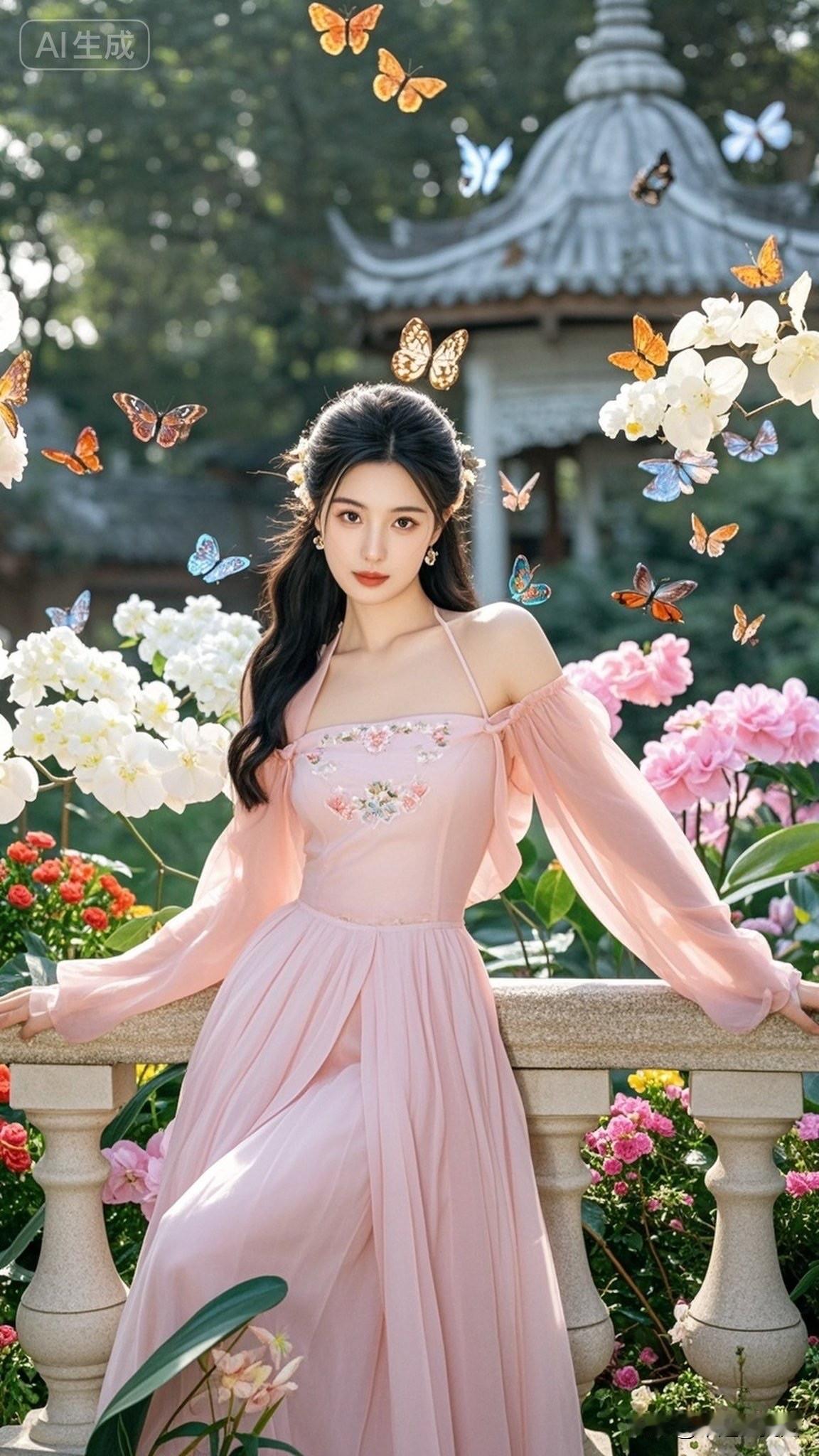 梦幻古风少女，蝴蝶翩翩起舞，粉色裙摆飘逸。