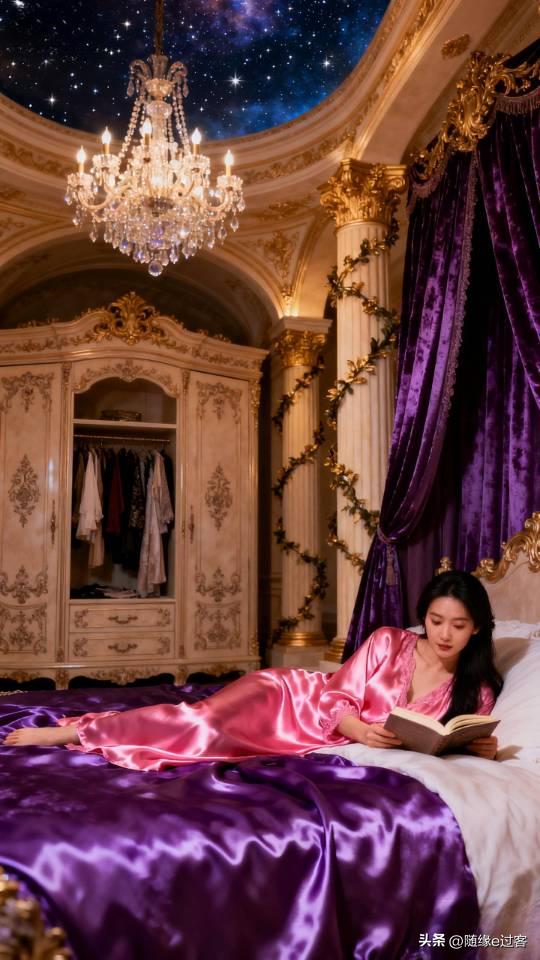 身穿粉红色家居服的女子正在床上看书。家居服 睡衣