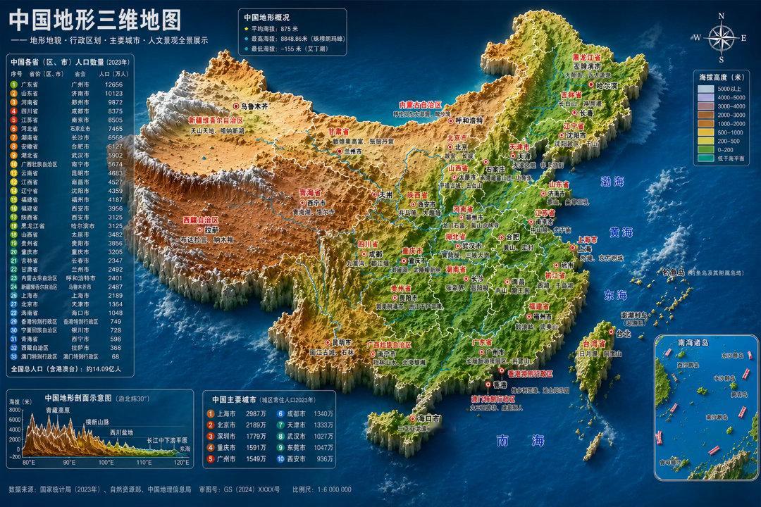 用image2画3D版的中国地图，并标注每个省的著名旅游景点及人口数量。 