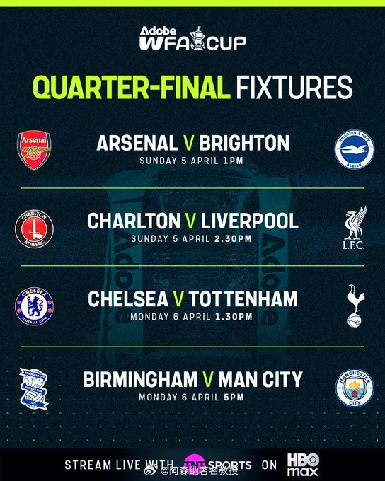 女子足总杯四分之一决赛的日期和时间都已确定，你最期待哪场比赛？  阿森纳著名教授