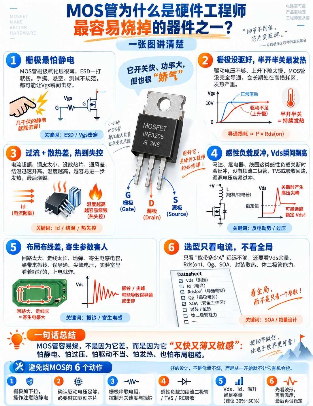 MOS 管：硬件工程师最容易烧的器件！
做硬件的人，谁还没烧过几颗MOS？😂