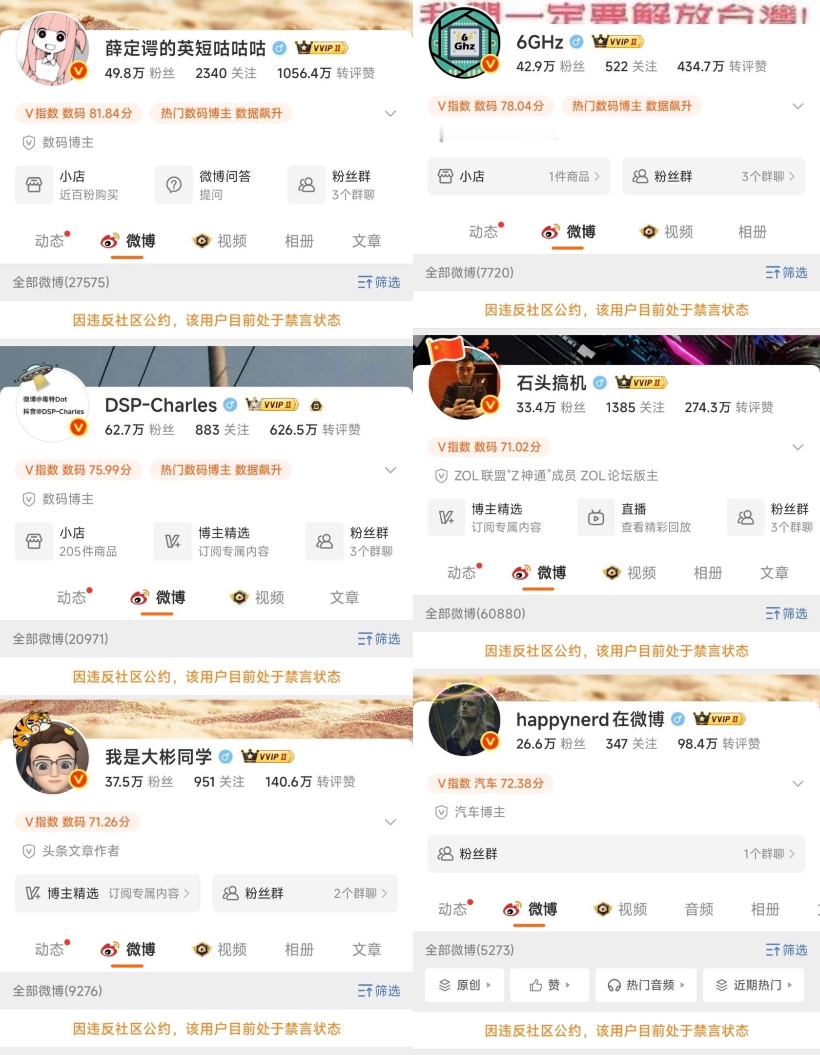 最新：6Ghz、英短、DSP、大彬、石头搞机、happynerd 等博主被禁言，