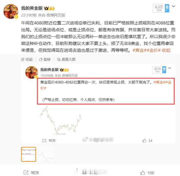 总结：7月9日微博共做四单，三胜一负。总盈：370点。 4080空单4057离场